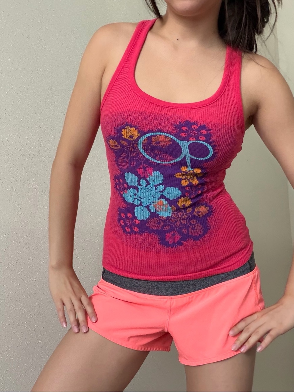 OP Pink Floral Graphic Ribbed Tank Top